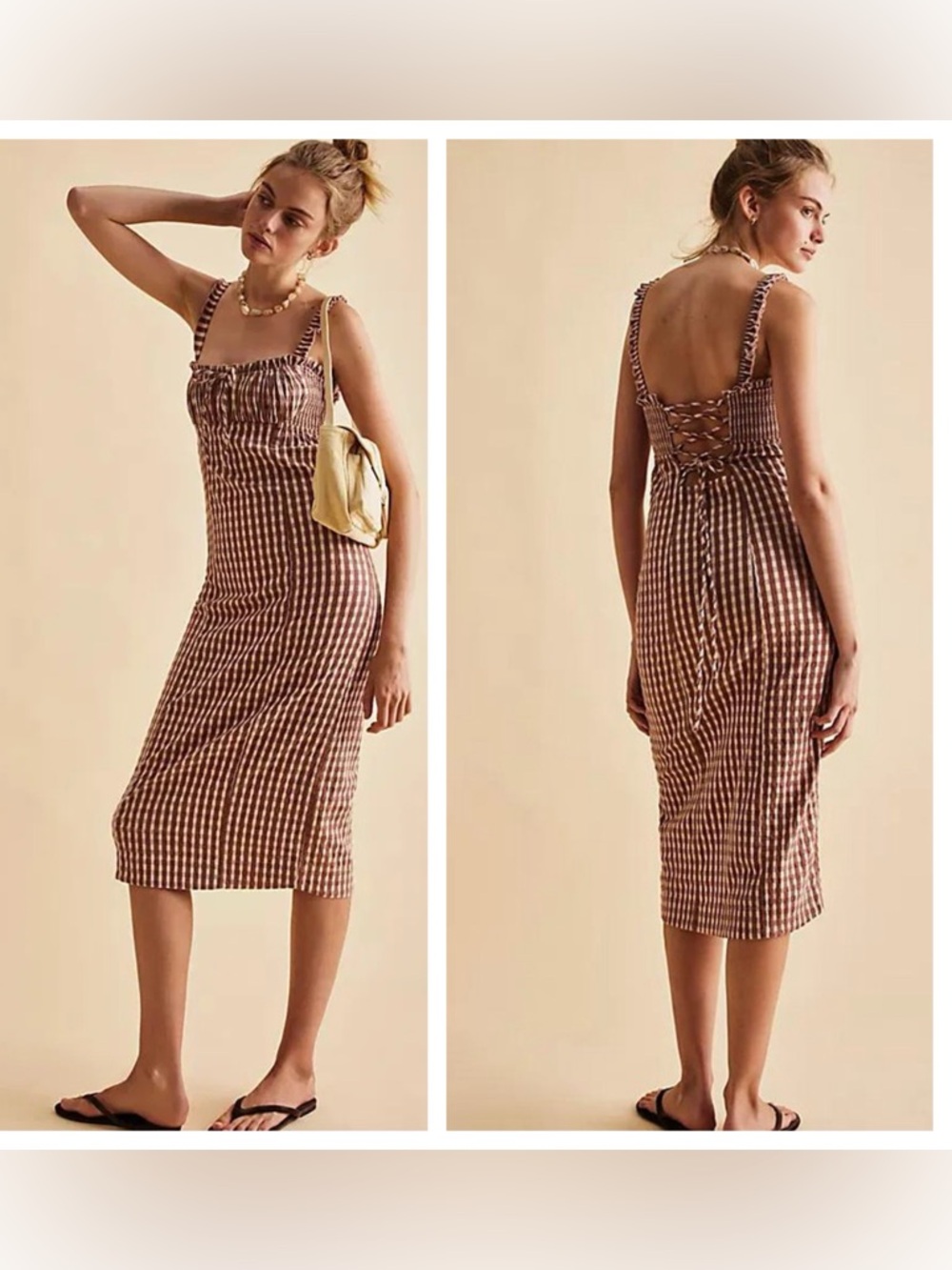 New Free People Lucinda Plaid Printed Midi Dress- Lavender Combo